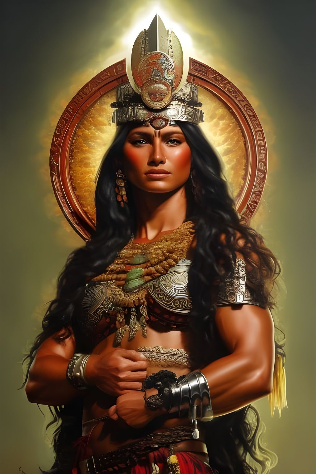 Aztec Goddess Coatlicue in Vivid Oil Painting