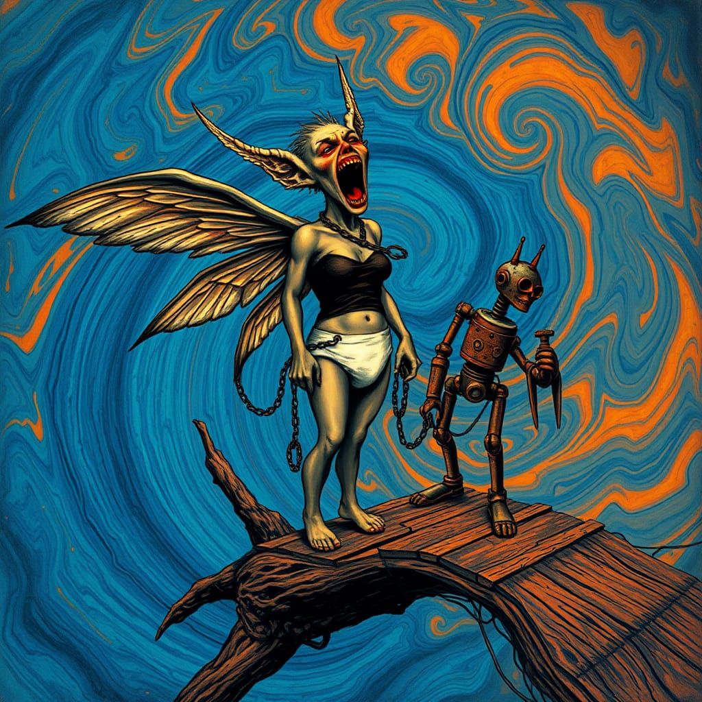 Emotive Fairy with Steampunk Robot in Maximalist Style
