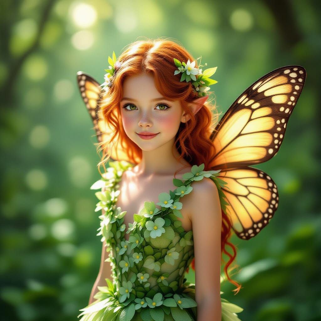 Red-Haired Fairy Girl in Flower Petal Dress