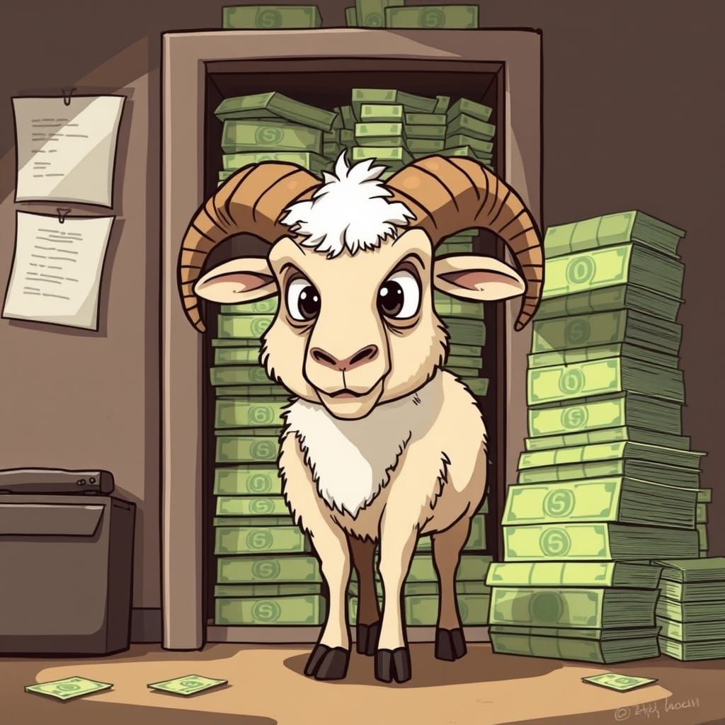 Cartoon Ram Guarding Stacks of Cash