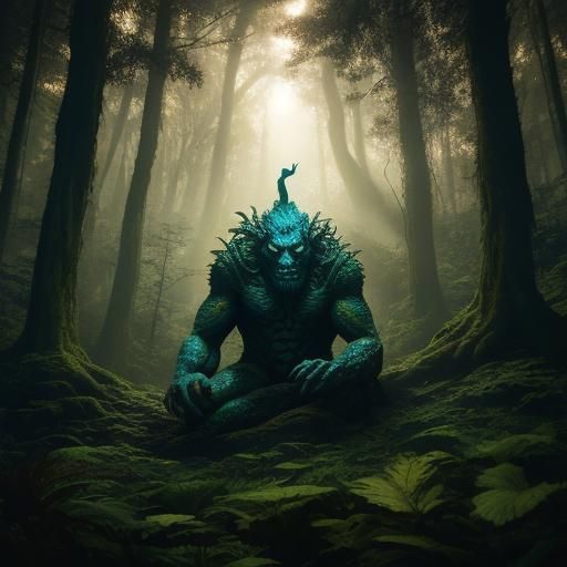 Fairy on a Monster Nose in Mystical Forest