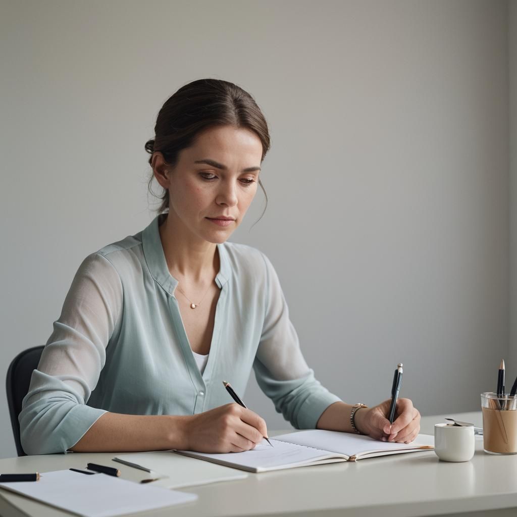 Elegant Woman Writing in Planner: Minimalist Portrait