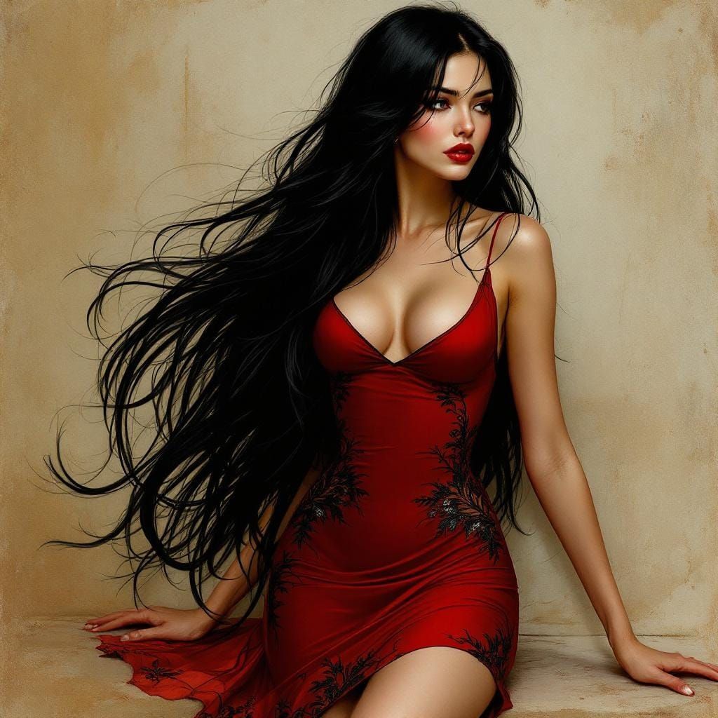 Black-Haired Beauty in Red Dress, Art Nouveau Style
