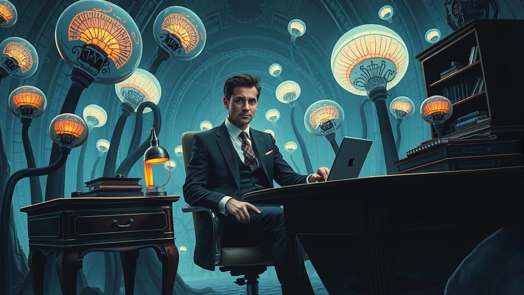 Surreal Alien World: Man at Desk in Dreamscape