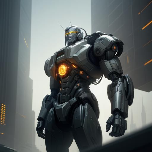 Colossal Mech Bodybuilder in Sci-Fi Cityscape