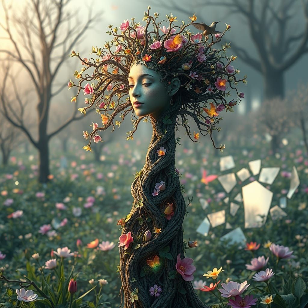 Goddess of Nature Emerges from Blooming Tree in Vibrant Spri...
