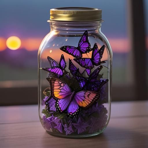 Purple Butterflies in Jar with Sunset Bokeh