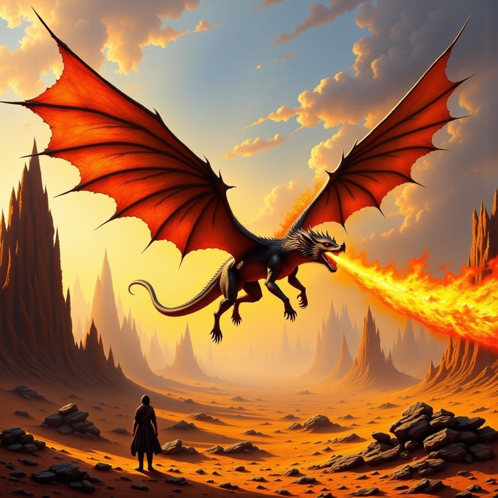 Cyberpunk Desert Dragon Unleashes Fury on Village
