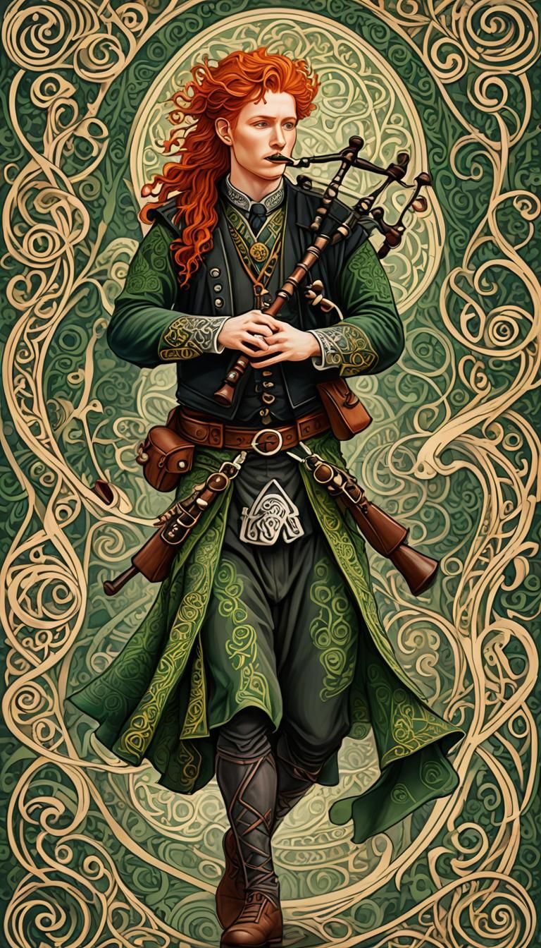 Celtic Bagpiper with Red Hair: Ornate Fantasy Art
