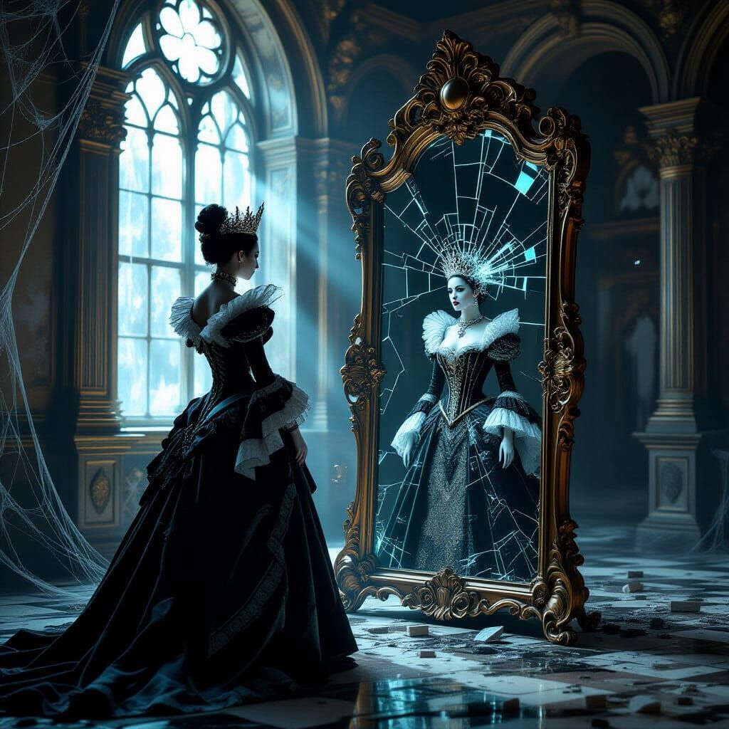 Queen's Surreal Metamorphosis in Gothic Ballroom