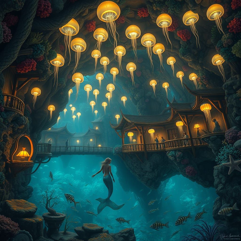 Photorealistic Underwater Village with Mermaid