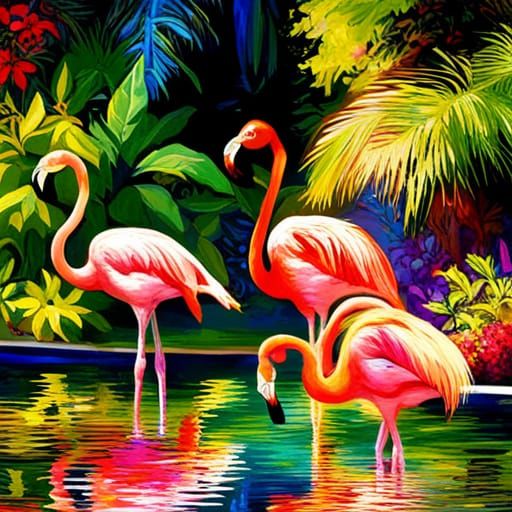 Flamingos in Tropical Pool with Sunshine Rays