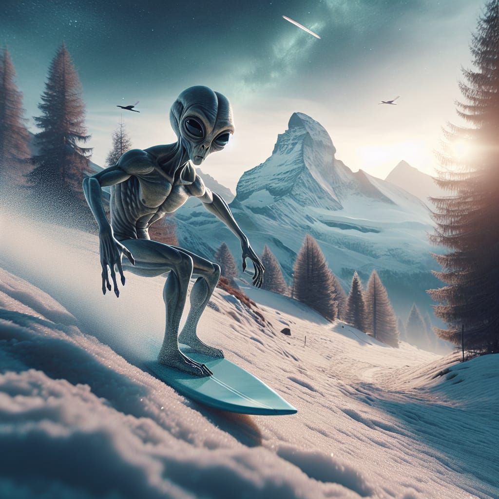 Extraterrestrial Surfer Rides the Alps, Hyperrealistic Photo