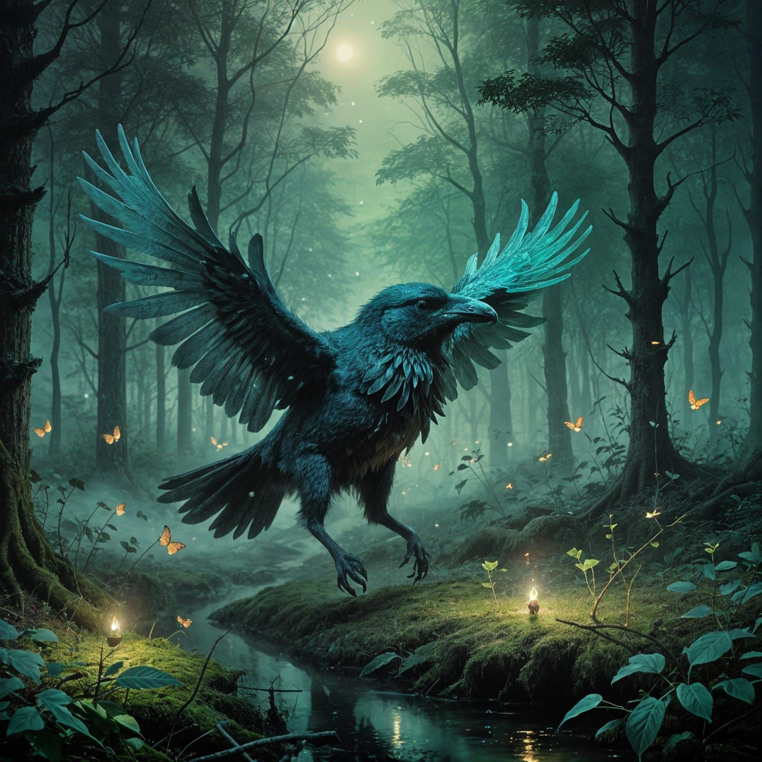 Mysterious Realistic Woodland Scene with Feline and Crow Bei...