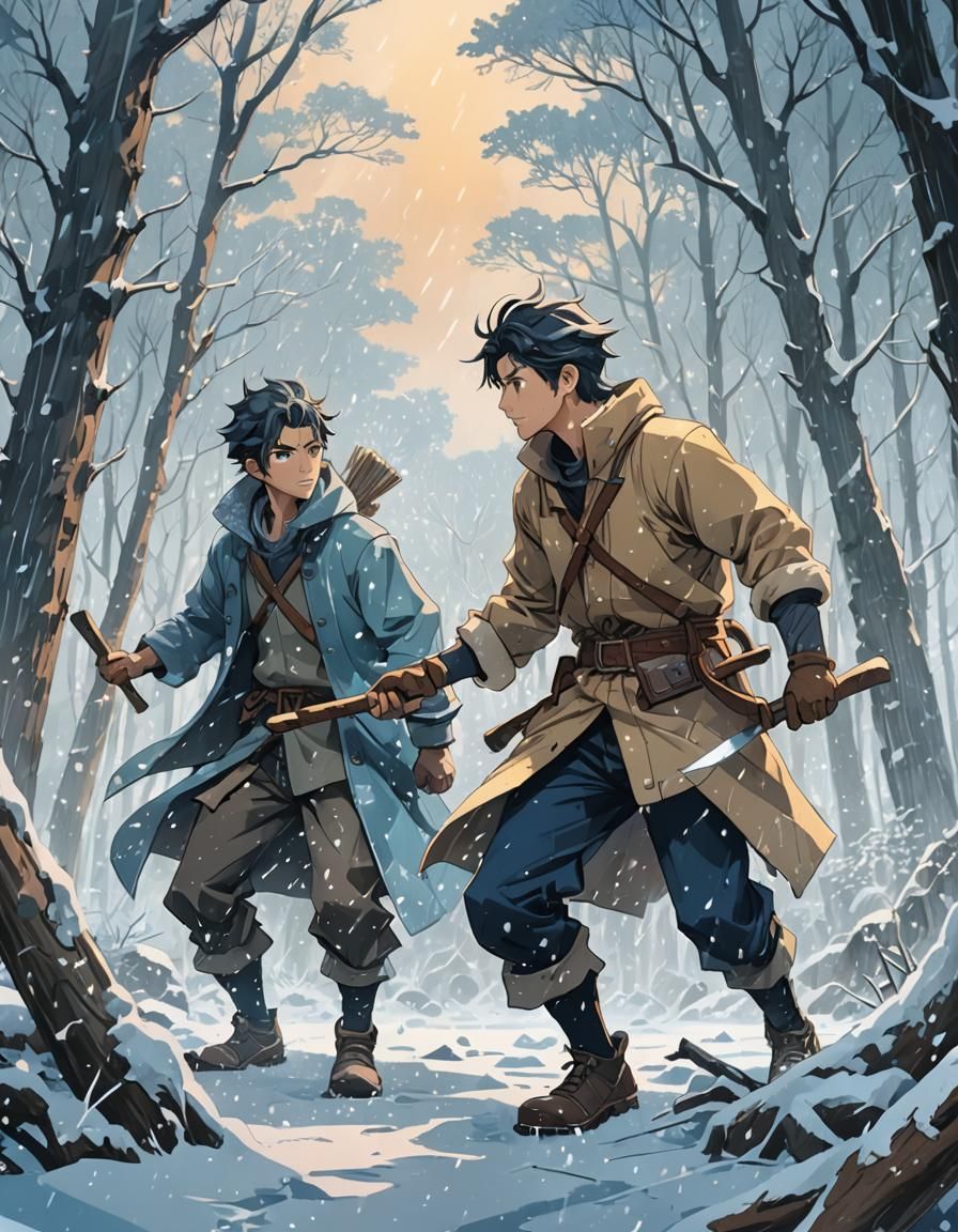 Anime Woodcutters Brave Snowstorm in Japanese Forest