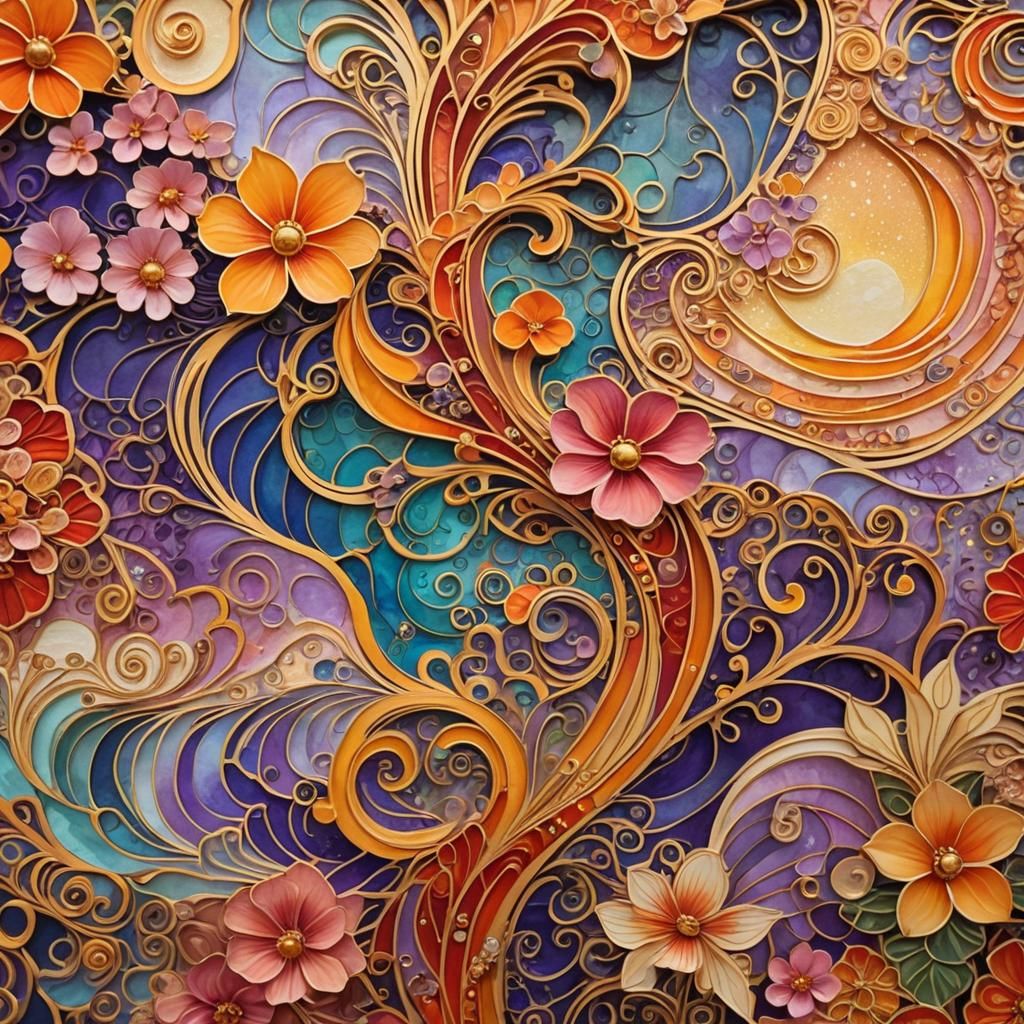 Art Nouveau Hawaii Sunset with Klimt Floral Motifs