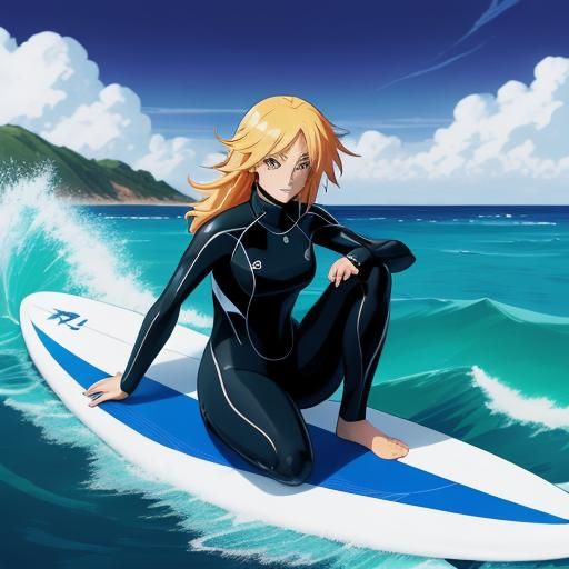 Anime Surfer Girl on Ocean Wave Cel-Shaded