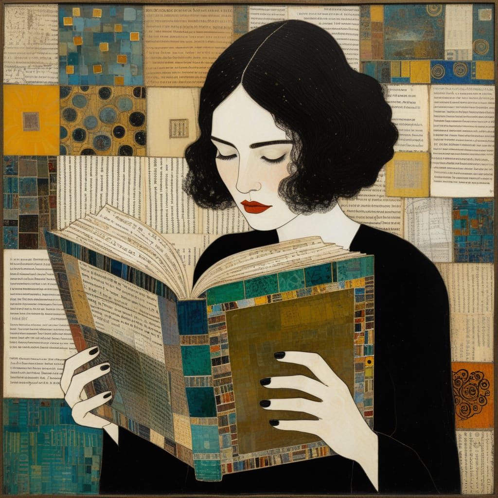 Girl Reading Book in Layered Mixed-Media Style