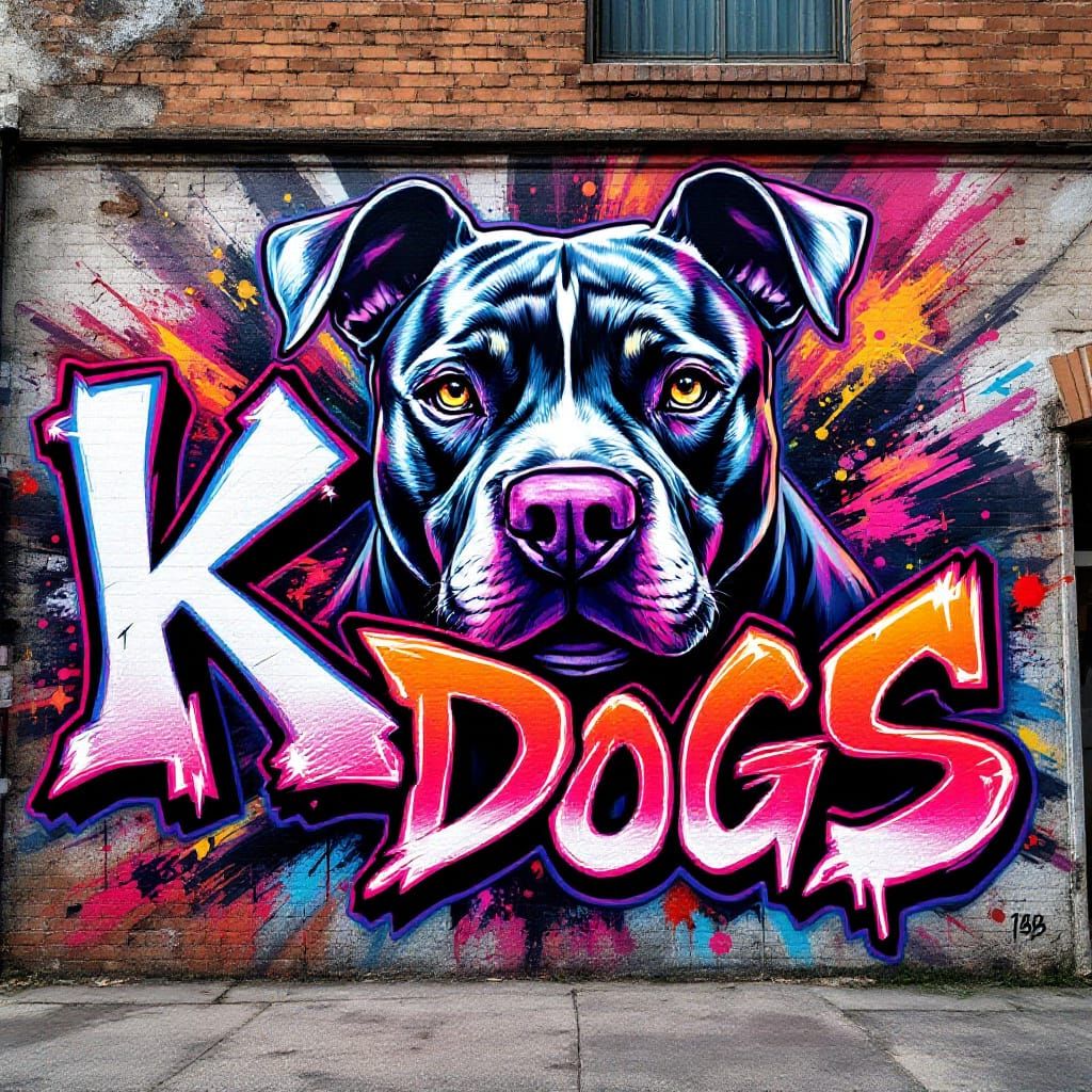 Vibrant Pitbull Graffiti Mural in Street Art Style