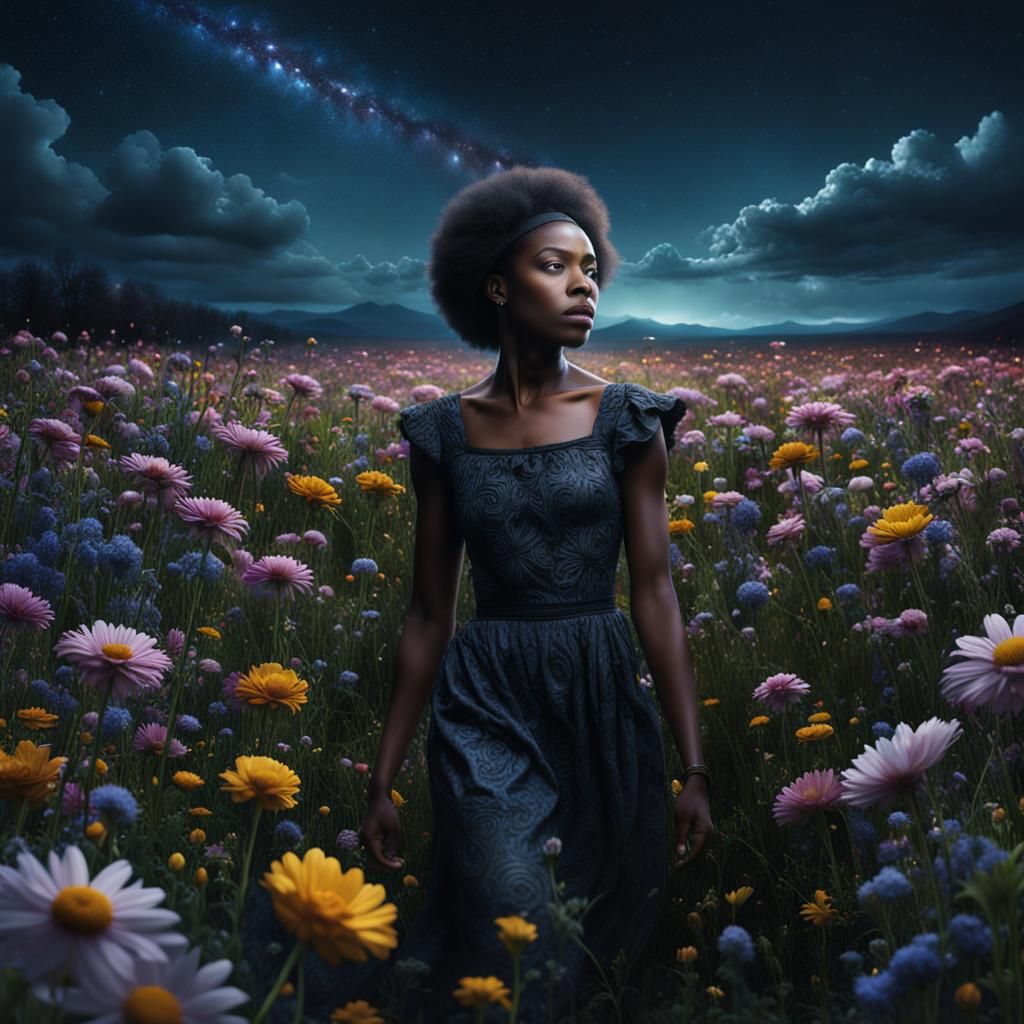 Midnight Bloom: A Woman in a Flower Field