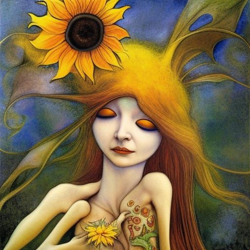Sunflower Fairy Woman in Flowing Surreal Style