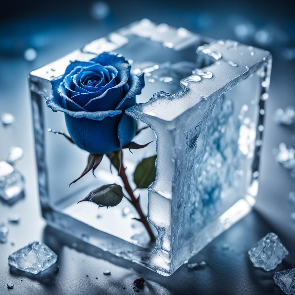 Blue Rose Melts From Ice: Hyperrealistic Close-Up