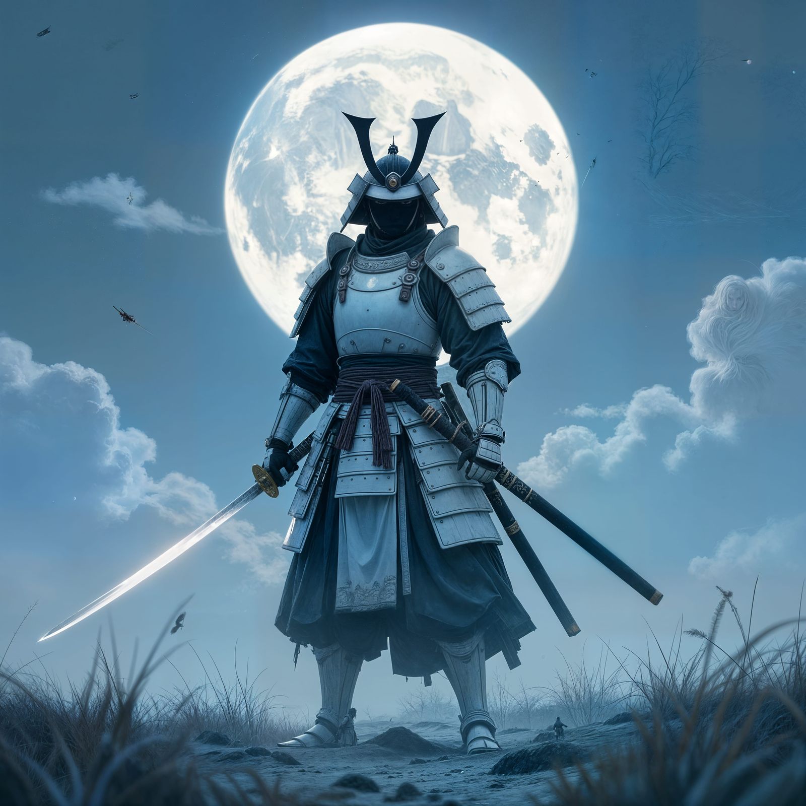 Samurai Warrior on Battlefield in Japanese Ink Art Style