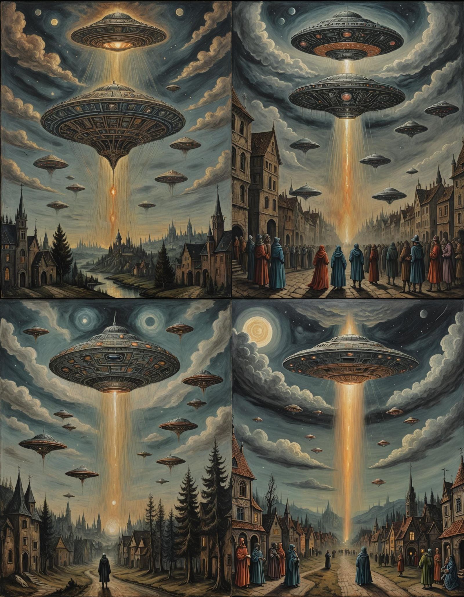 14 century UFO sighting; elegant analogous colors/ art Brut,
 renaissance painting/acrylic art, charcoal drawing,volumet...