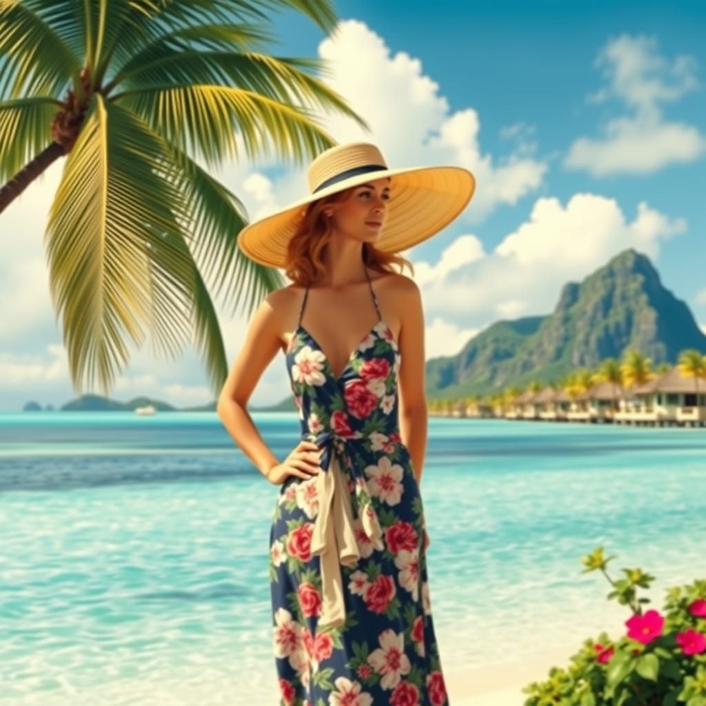 Bora Bora Beach Scene in 1940s Poster Style