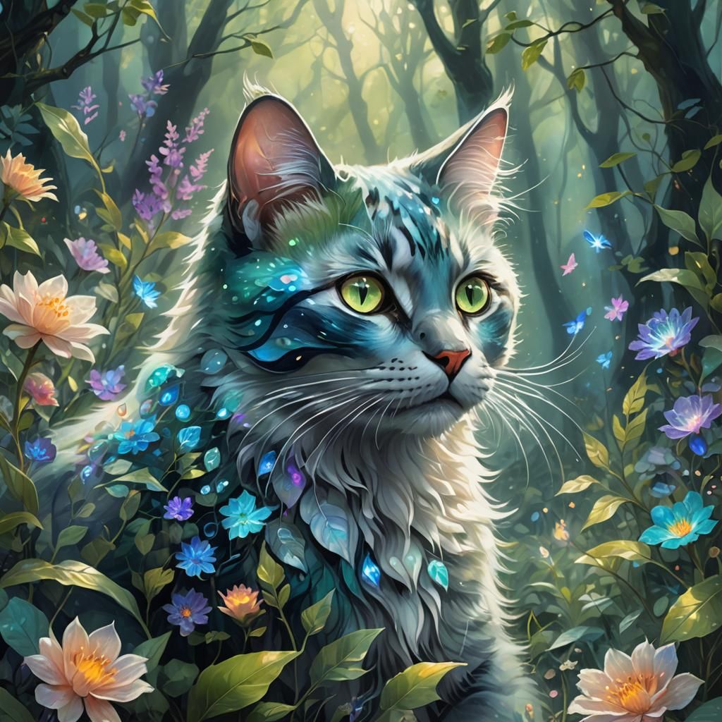 Ethereal Cat Surrounded by Iridescent Flowers