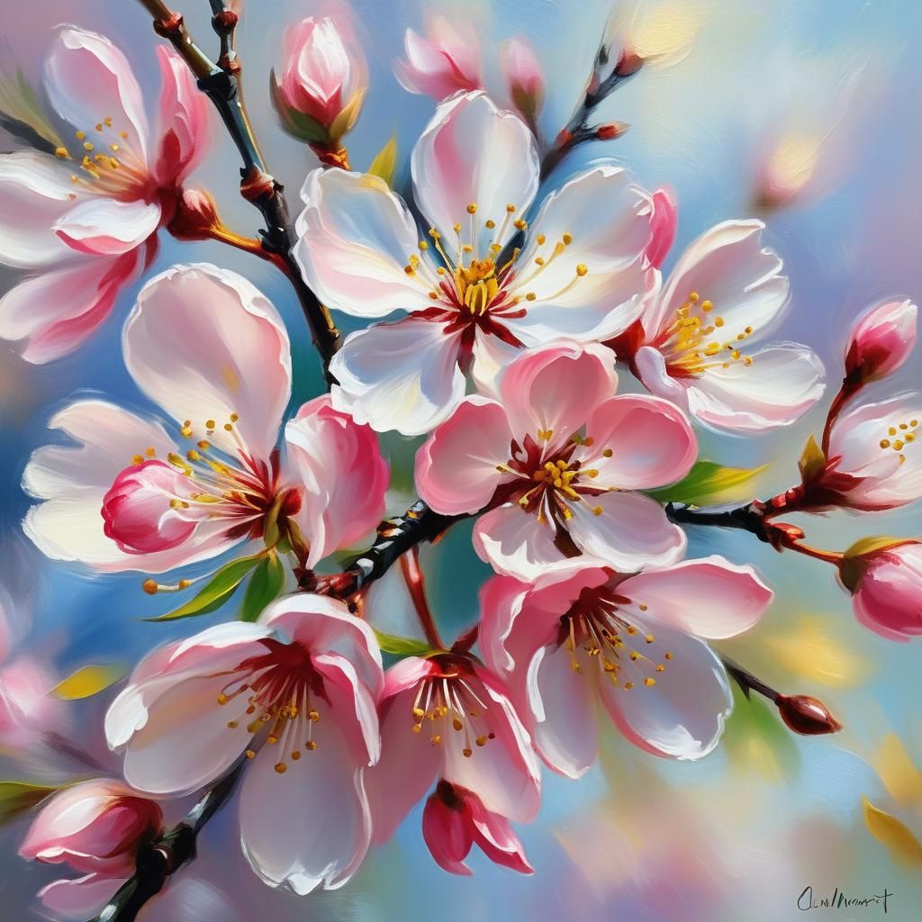 Pink Cherry Blossom as Impressionist Oil Painting
