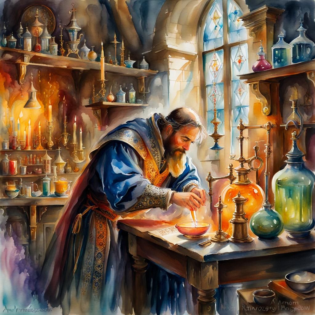 Medieval Alchemist's Fantasy Laboratory Watercolour