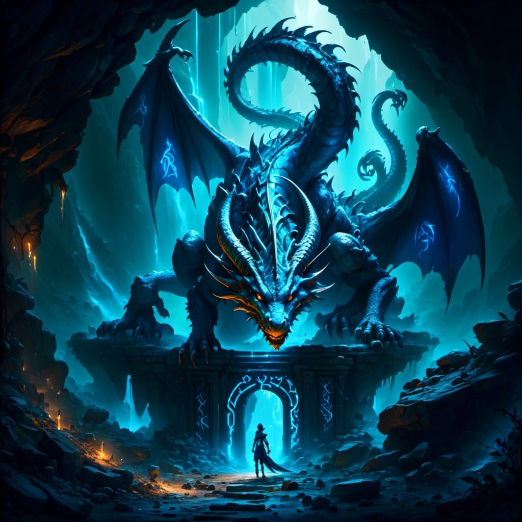 Dragon on Runestone Archway with Glowing Runes