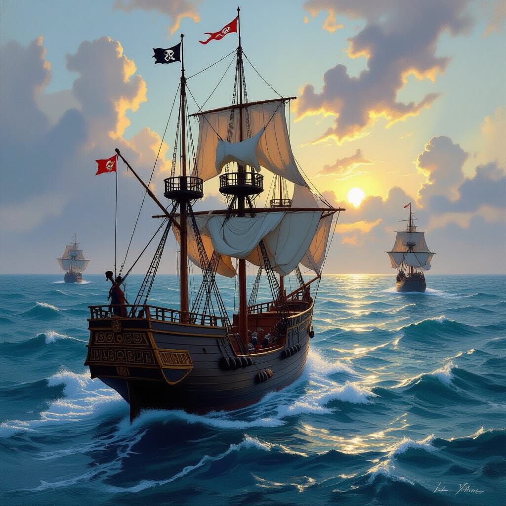 Pirate Ship Sailing Atlantic Ocean Bird's Eye View