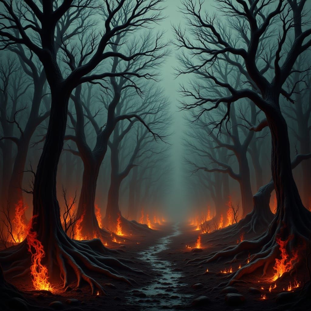 Infernal Forest Ablaze: A Lovecraftian Vision