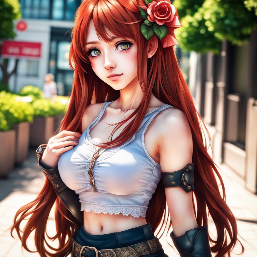Anime Girl with Red Hair Holding a Rose