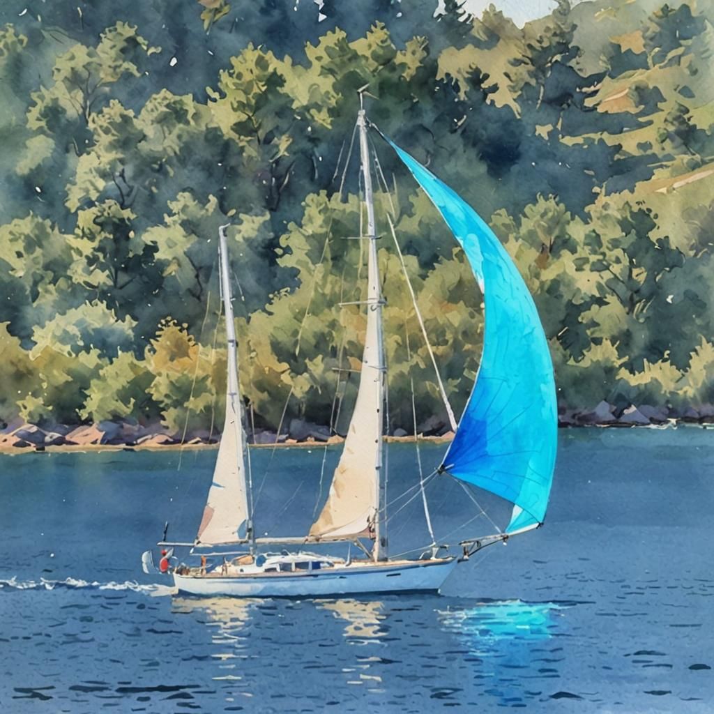 Impressionistic Watercolor Sailboat Painting with Blurry Bac...