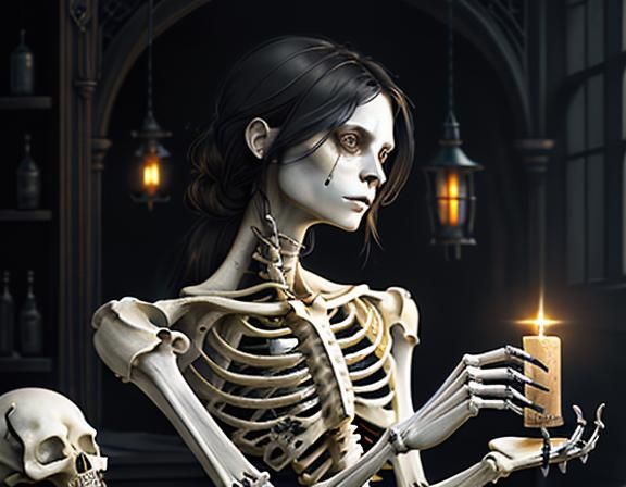 Furry Skeleton Cleans Bones: Dark Fantasy Concept Art