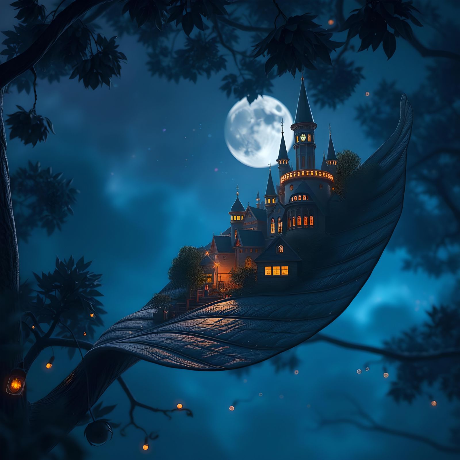 Night City on Leaf: Detailed Matte Painting