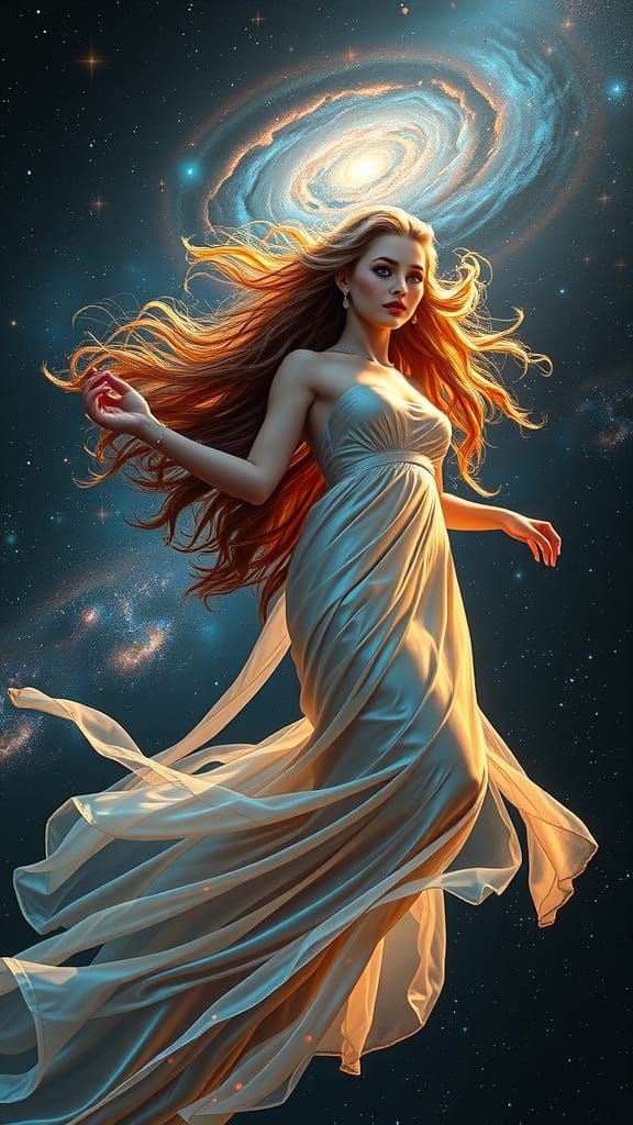 Ethereal Goddess in Iridescent Gown, Surrounded by Starry Ni...