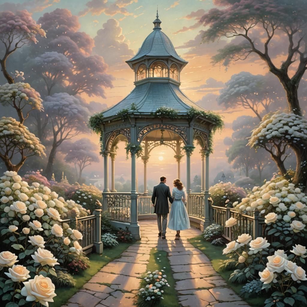 Art Nouveau Roses and Gazebo at Sunrise