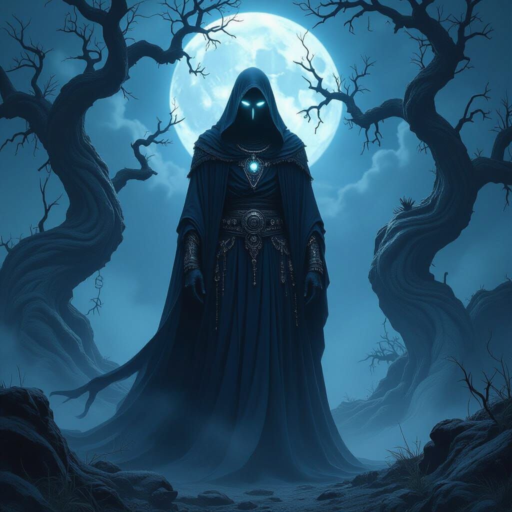 Spectral Figure in Moonlit Forest: Dark Fantasy Art