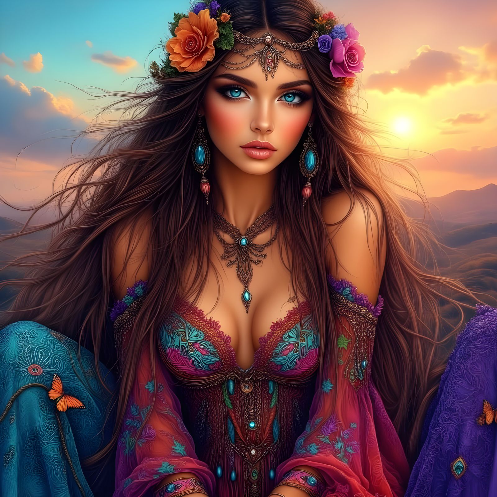 Bohemian Woman with Flowing Hair and Colorful Dress at Sunse...