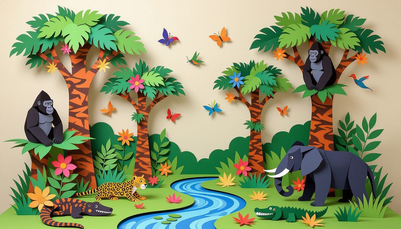 Vibrant African Paper Jungle Diorama with Wildlife