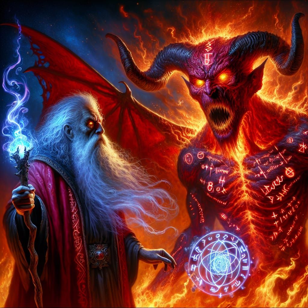 Demonic Entity Confronted by Wizard Channeling Magic