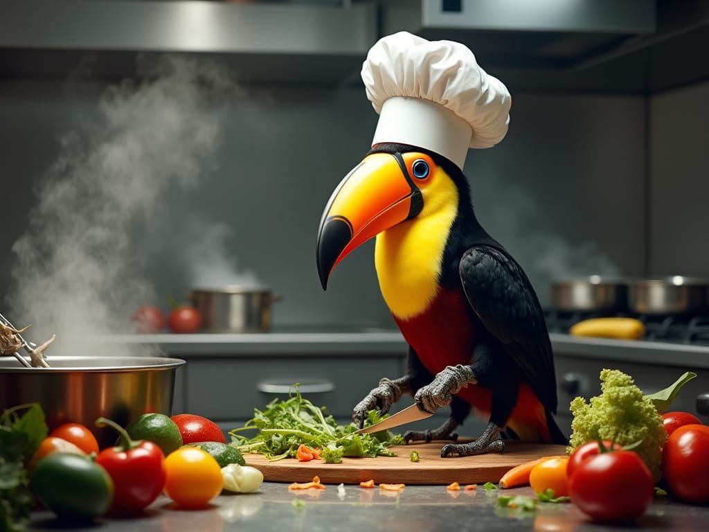 Toucan Chef Prepares Exotic Meal in Professional Kitchen