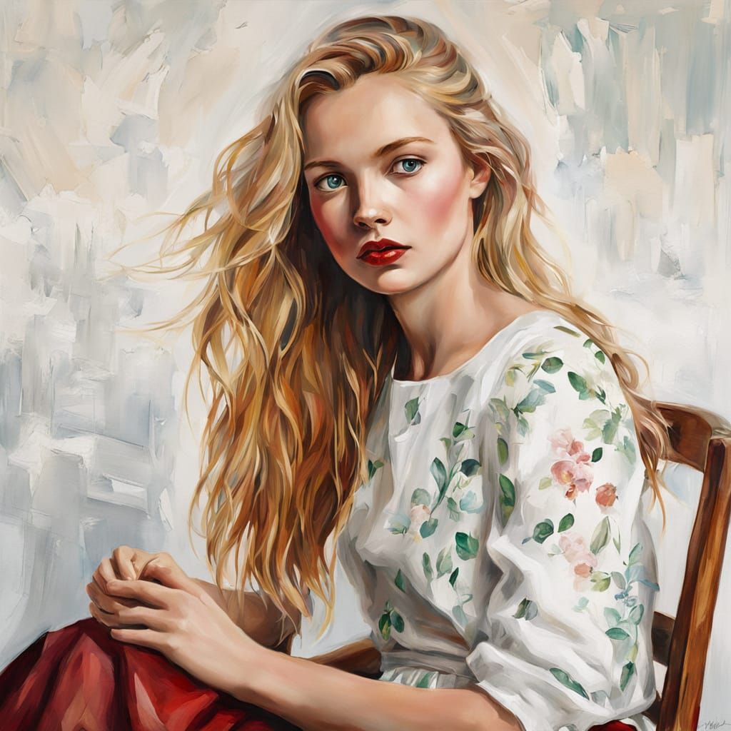 Expressive Oil Painting of Woman in White Dress