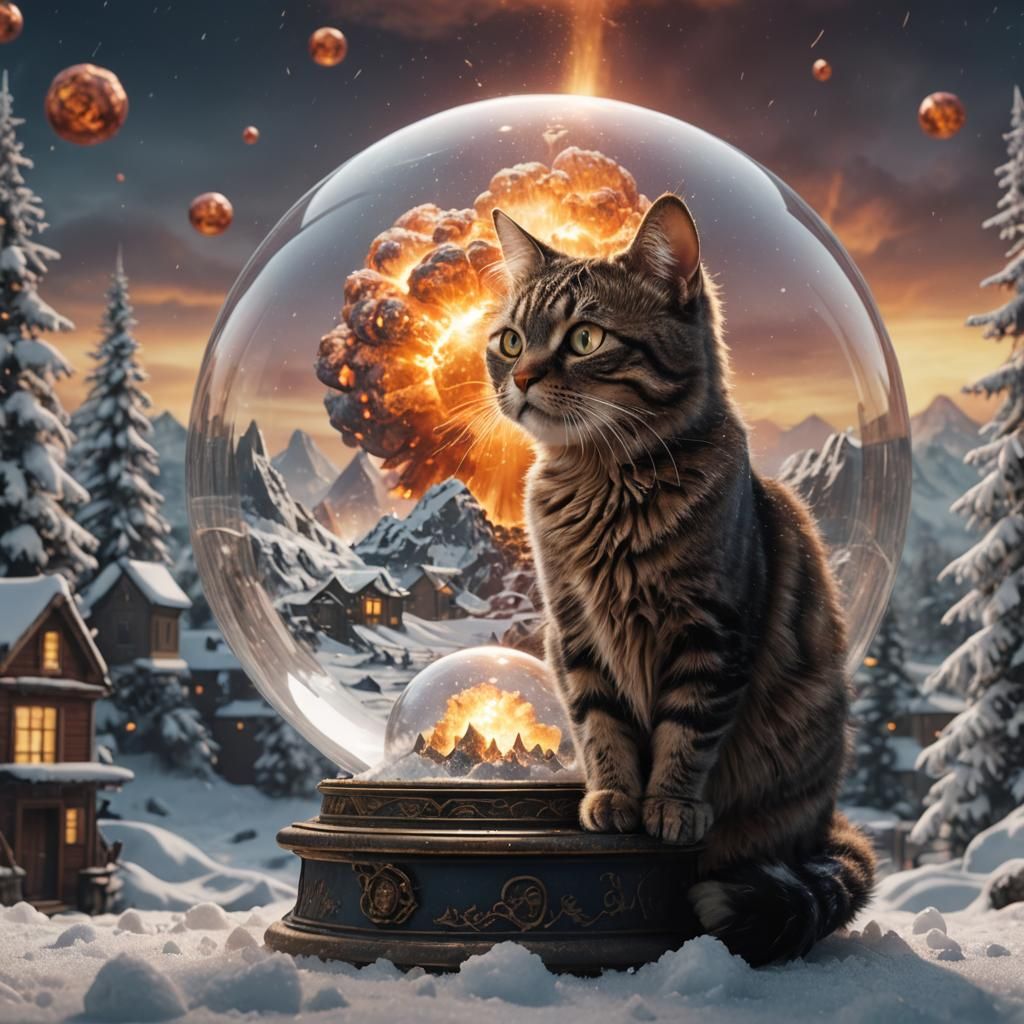Cat Gazing at Nuclear Explosion Snow Globe