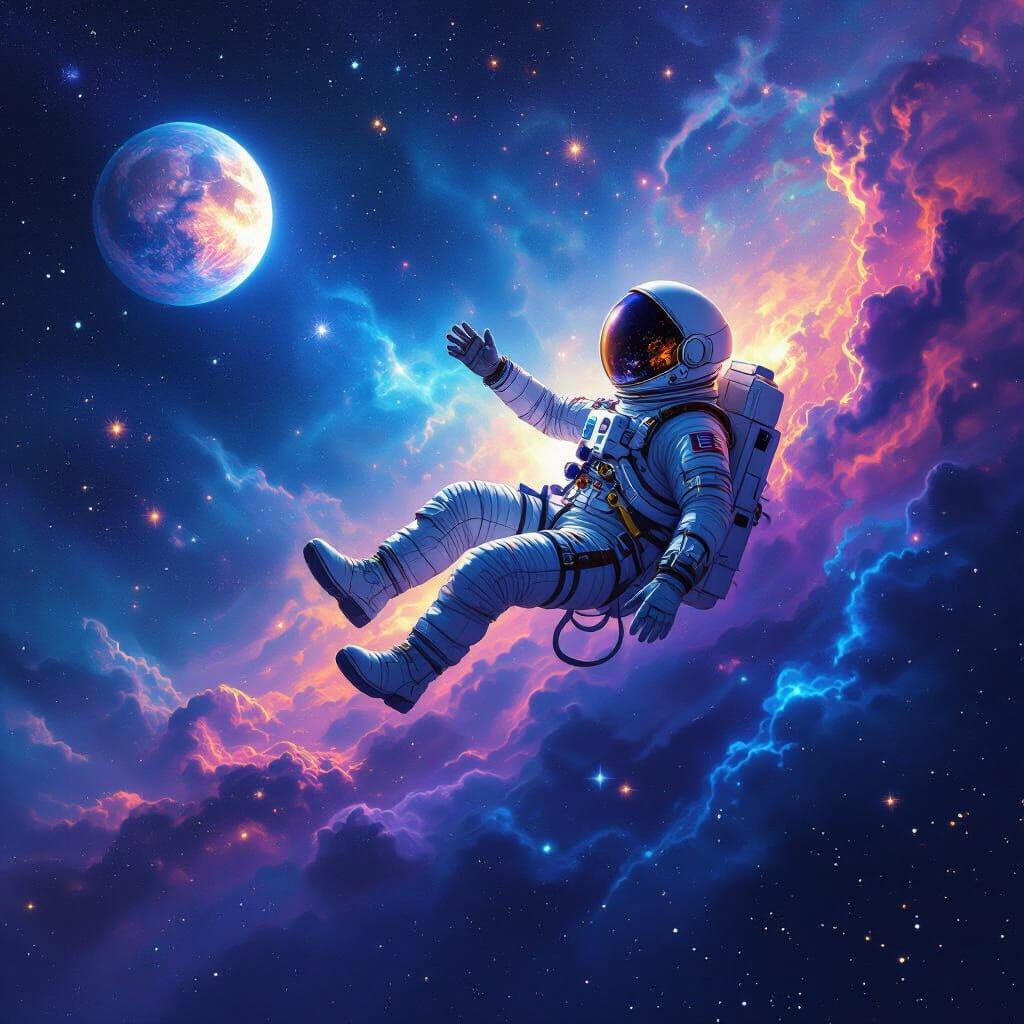 Astronaut Adrift in Nebula Reaching for Distant Planet