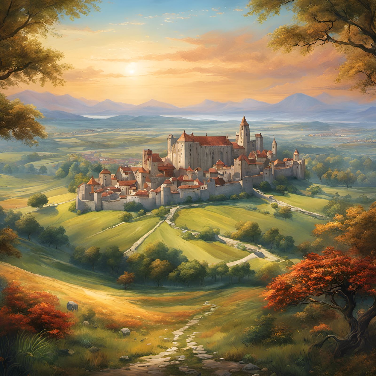 Epic Medieval City in Watercolor Style